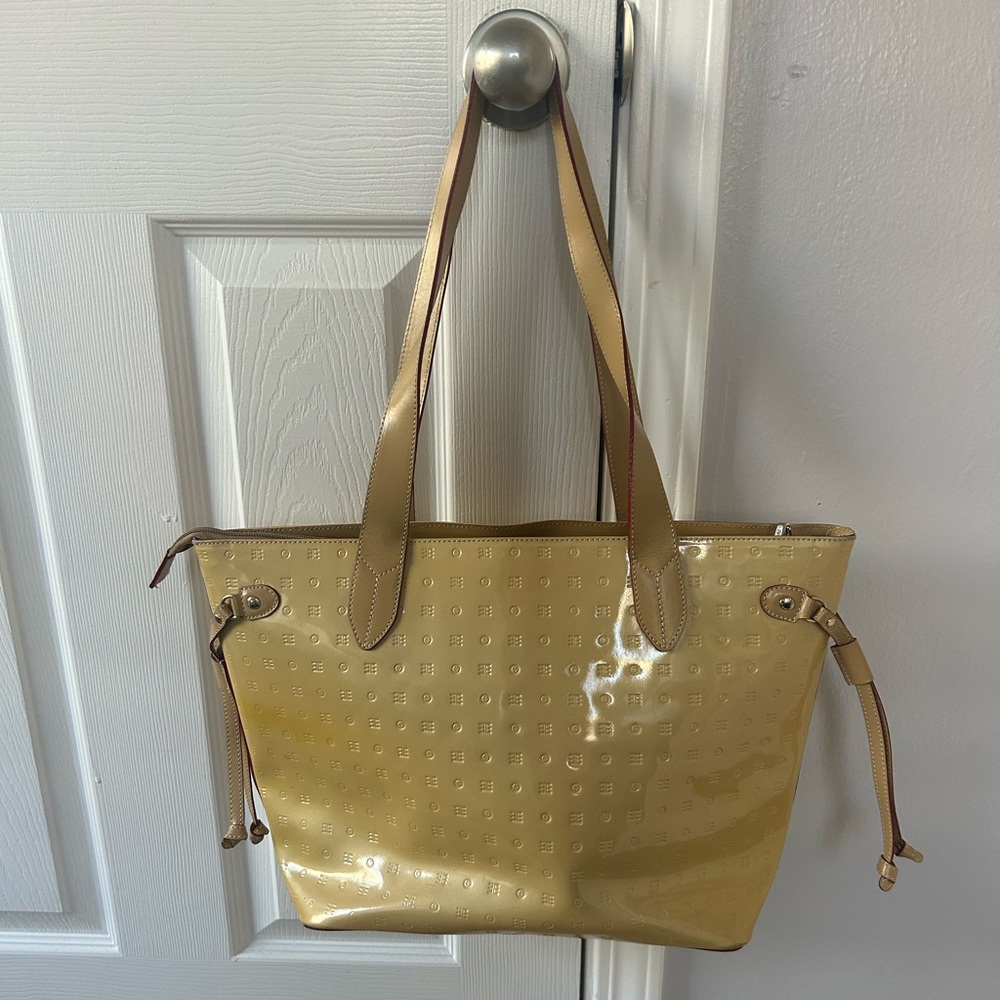 Arcadia Embossed Logo Patent Leather Tote Shoulder Bag, Beige Gold